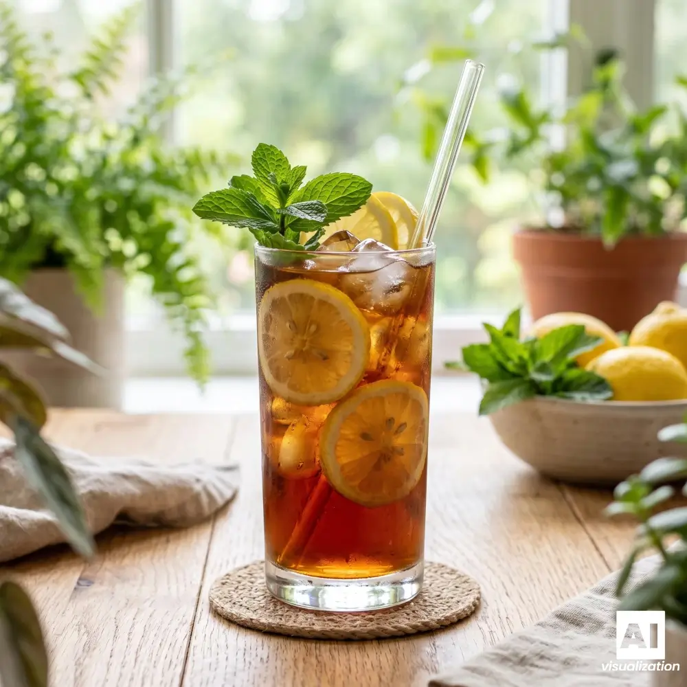 Schwarzer Eistee mit Zitrone, Minze und Eiswürfeln in einem hohen Glas.