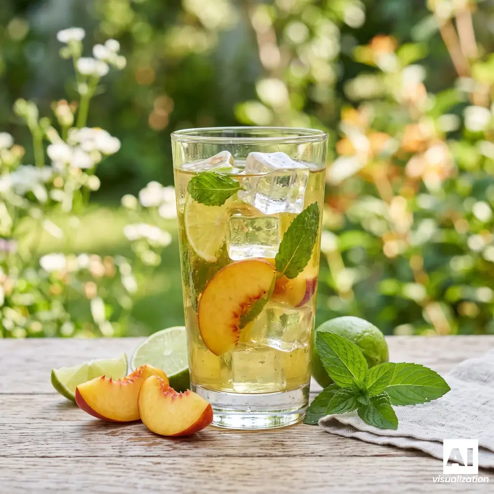Kalter grüner Tee mit Pfirsich, Limette, Minze und Eiswürfeln.