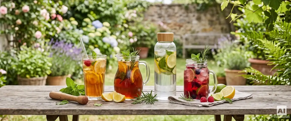 Verschiedene kalte Getränke in Gläsern, Krügen, Gläsern und einer Flasche mit Obst und Kräutern.
