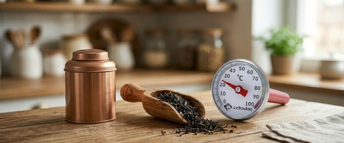 Unverzichtbares Tee-Zubehör: eine Teedose aus Metall, ein hölzerner Teelöffel voller loser Teeblätter und ein Teethermometer
