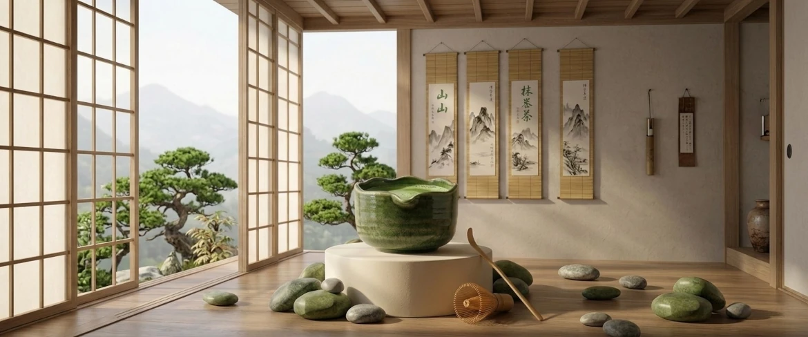 Matcha-Schale und -Besen in einem traditionellen Interieur, inspiriert von Chanoyu