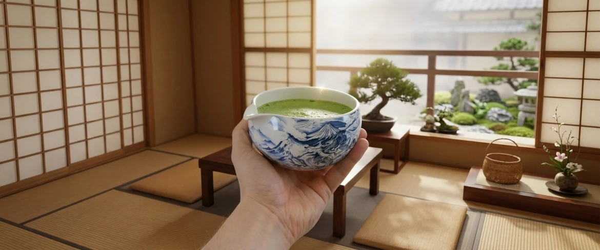 Matcha-Schale mit zubereitetem Tee und einem Matcha-Besen in einem traditionellen Interieur