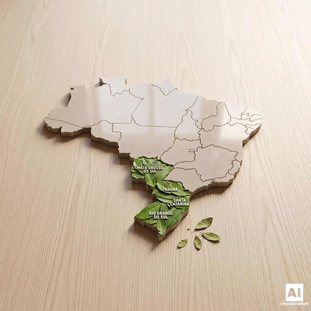 Karte von Brasilien mit den Anbaugebieten für Yerba Mate und grünen Blättern.