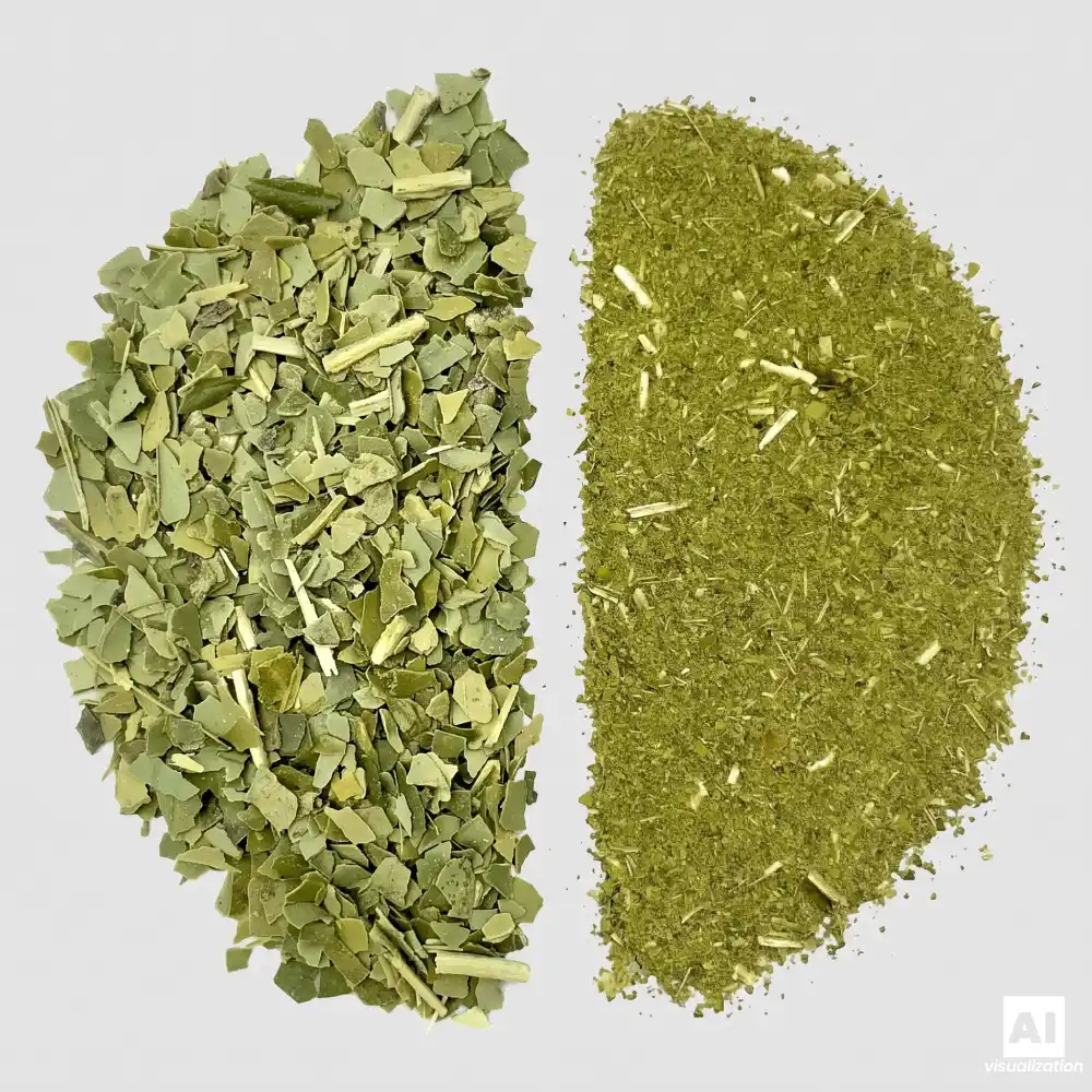 Vergleich zwischen grüner „Despalada“-Yerba Mate und fein gemahlenem Chimarrão.