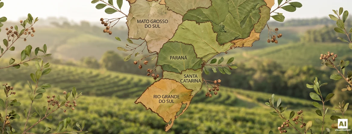 Karte der brasilianischen Anbaugebiete für Yerba Mate vor dem Hintergrund von Plantagen und Yerba-Mate-Blättern.