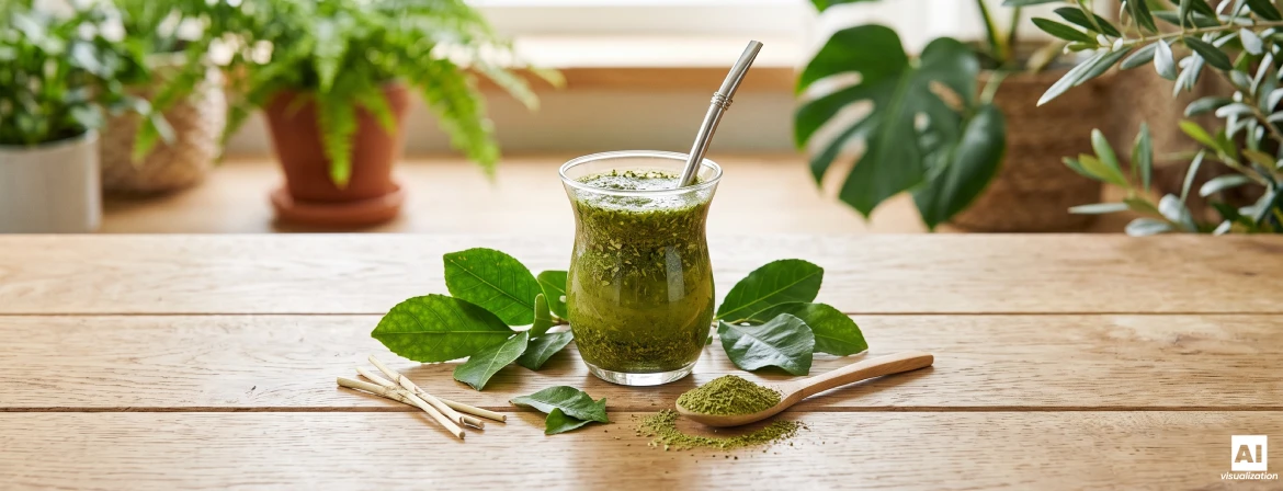 Glasgefäß mit brasilianischer grüner Yerba Mate, Yerba-Mate-Blättern und getrockneten grünen Blättern auf einem Löffel.