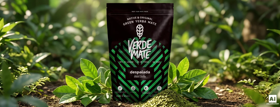 Verde Mate Green Despalada im Doypack, bestehend aus frischen Blättern und getrockneter grüner Yerba Mate.