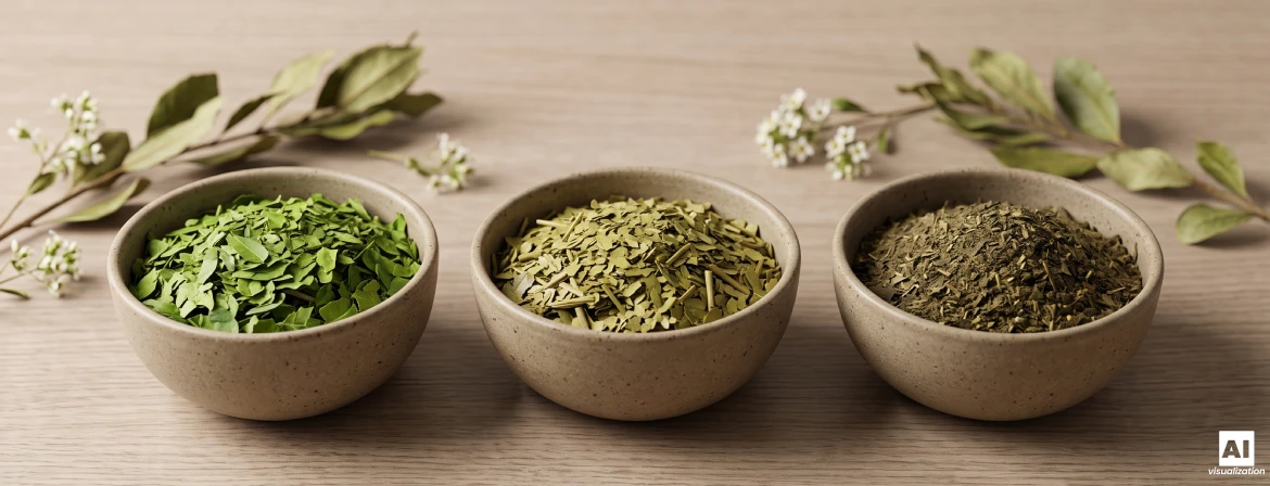 Drei Schalen mit getrockneten Yerba-Mate-Blättern in unterschiedlichen Farben, Feinheitsgraden und Intensitäten.
