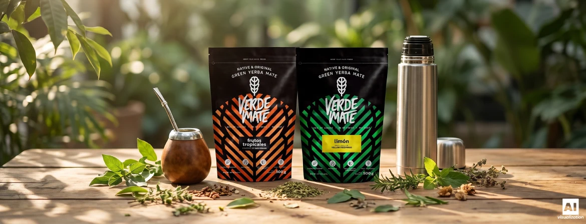 Set zum Zubereiten von brasilianischem Yerba Mate mit einer Mate-Schale, einer Bombilla, einer Thermoskanne und Verde Mate-Doypacks.