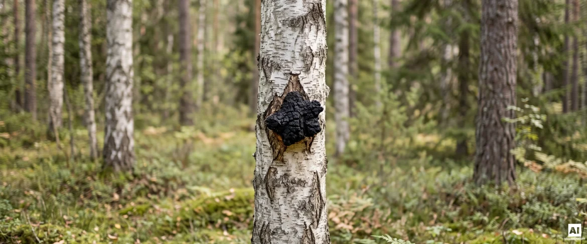 Wachstum von schwarzem Chaga auf einem Birkenstamm in einem nördlichen Wald.