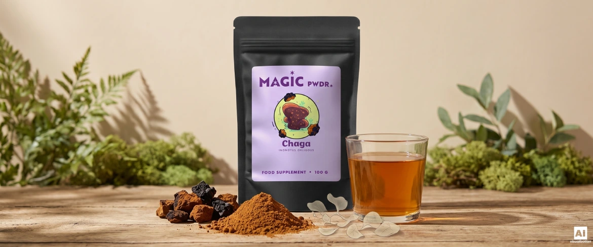 Chaga-Pulverextrakt, getrocknete Pilzstücke und ein Aufguss neben einem „Magic Pwdr“-Doypack.