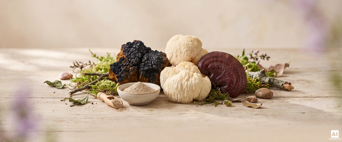 Chaga, Löwenmähne und Reishi als Beispiele für funktionelle Pilze.