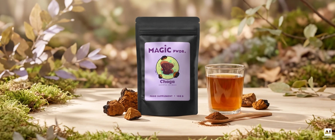 „Magic Pwdr Chaga“-Doypack, Extraktpulver, getrocknete Pilzstücke und ein Aufguss.