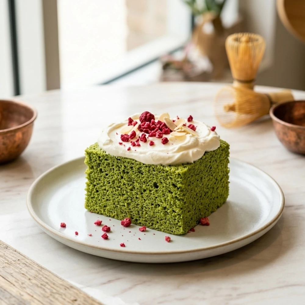 Luftiger Matcha-Kuchen mit Mascarponecreme, garniert mit Schlagsahne und gefriergetrockneten Himbeeren