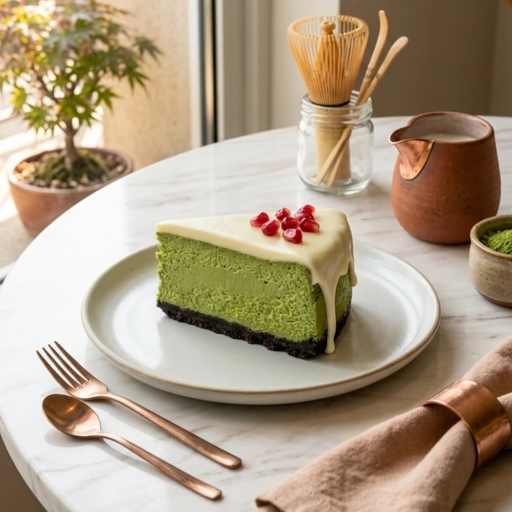 Cremiger Matcha-Käsekuchen mit weißer Schokolade und Granatapfelkernen auf einem leichten Teller