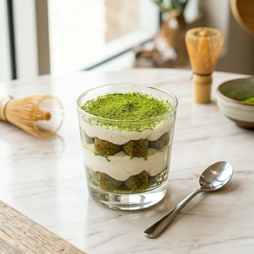 Ein mehrschichtiges Matcha-Tiramisu-Dessert im Glas