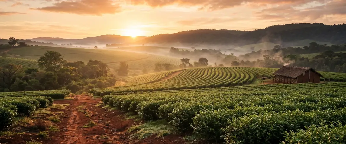 Eine nebelverhangene Stechpalmenplantage bei Sonnenaufgang – die Quelle der traditionellen paraguayischen Yerba Mate.