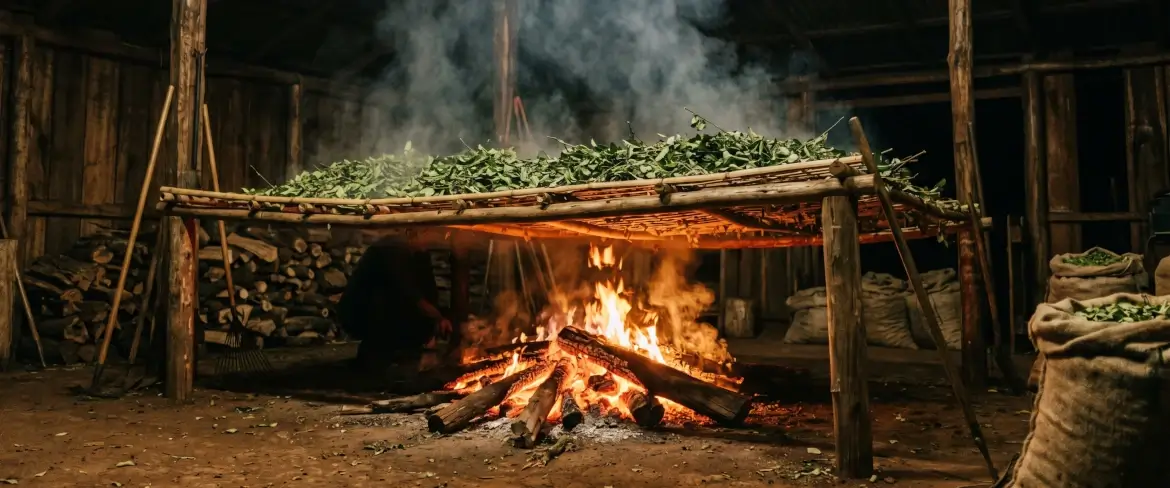 Traditionelle Methode, bei der die Blätter über einem Barbacuá-Feuer getrocknet werden, wodurch die paraguayische Yerba Mate ihr rauchiges Aroma erhält.