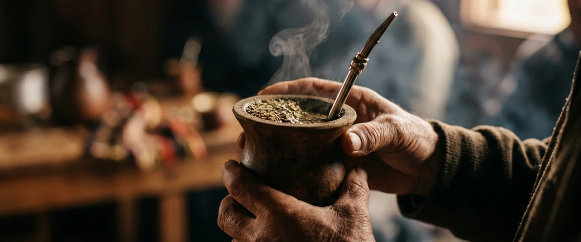Hände, die eine Mate-Kalebasse mit einem heißen Aufguss halten – der Geschmack, die Wärme und die belebende Wirkung der stärksten Yerba Mate.