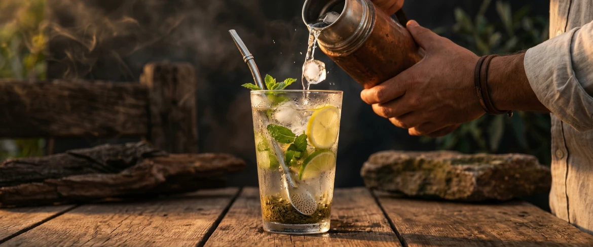 Erfrischendes Tereré mit Eis und Minze, zubereitet aus klassischer paraguayischer Yerba Mate.