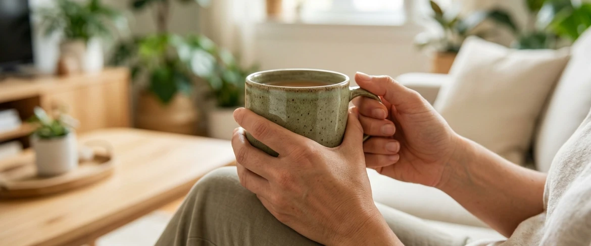 Eine entspannte Person, die eine warme Tasse Kräutertee in der Hand hält, als Symbol für die beruhigende Wirkung von Heilpilzen und ihre einzigartigen Eigenschaften
