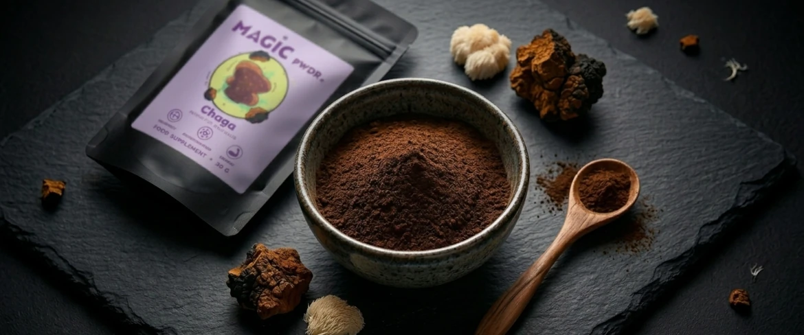 Dunkles Pilzpulver in einer Keramikschale und ein Chaga-Pilz neben dem Produkt „Magic Pwdr“
