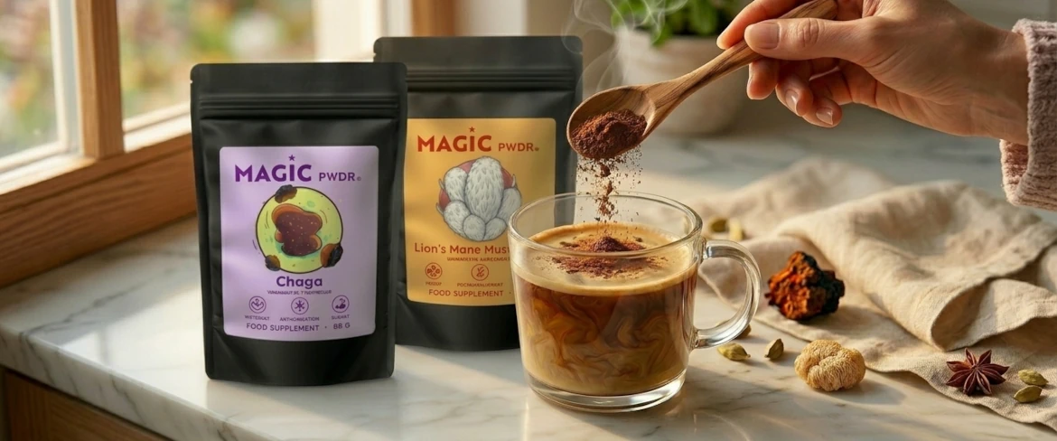 Täglicher Verzehr von adaptogenen Pilzen in Pulverform – Zugabe von Löwenmähnen-Pilzpulver zum Kaffee