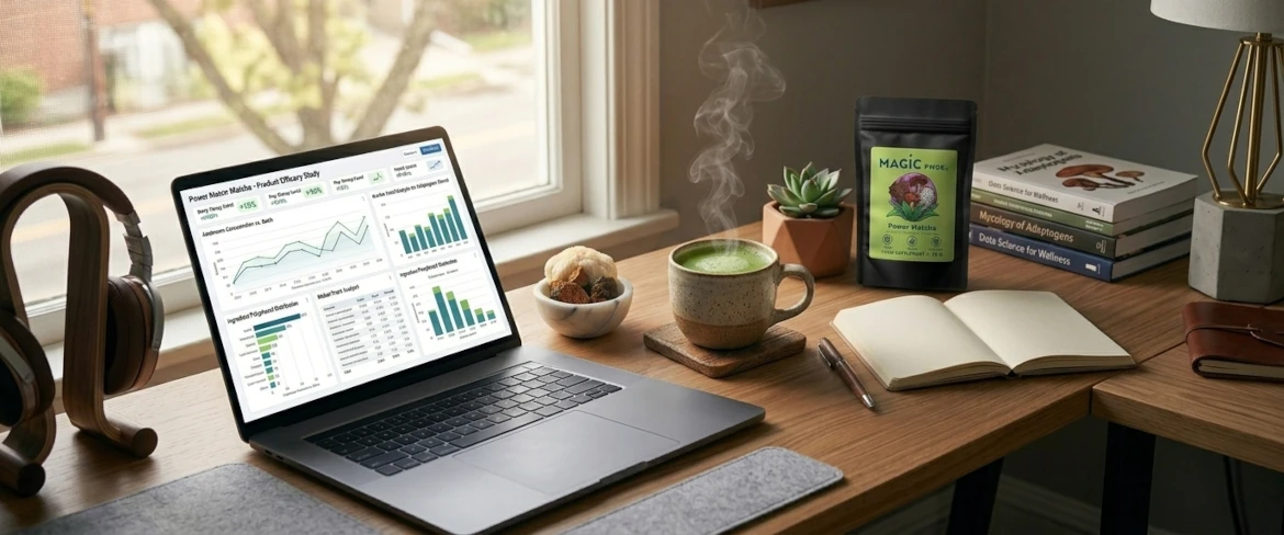 Ein moderner Arbeitsplatz mit Laptop und einem Getränk zur Förderung der Konzentration, das aus Extrakten von Heilpilzen hergestellt wird