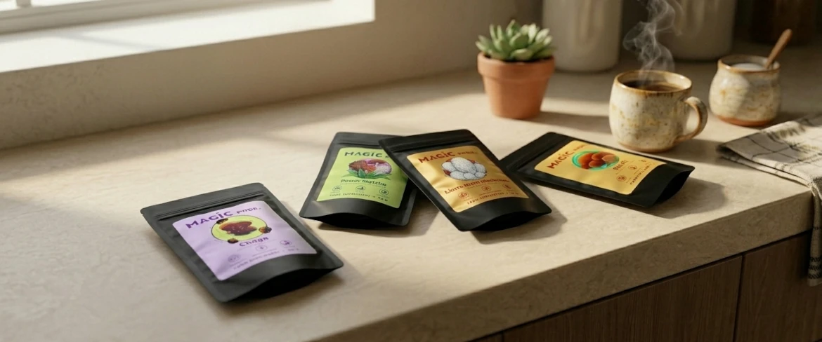 Pilzpräparate auf einer Küchenarbeitsplatte, die das gesamte Sortiment von Magic Pwdr zeigen, darunter Reishi, Chaga und Löwenmähne