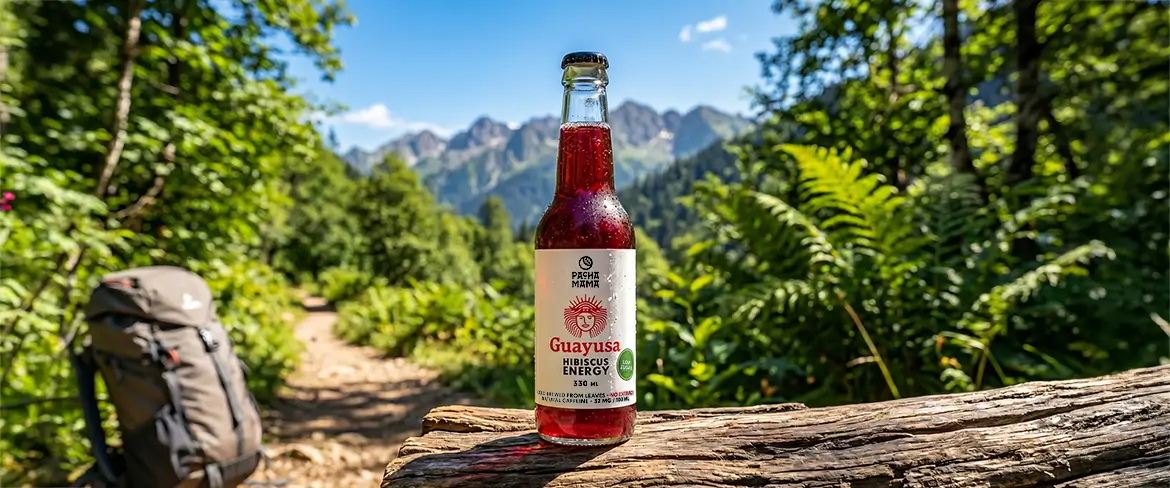 Ein natürliches Guayusa-Getränk auf einem Bergpfad – Guayusa Pachamama für Reisen und Outdoor-Aktivitäten.