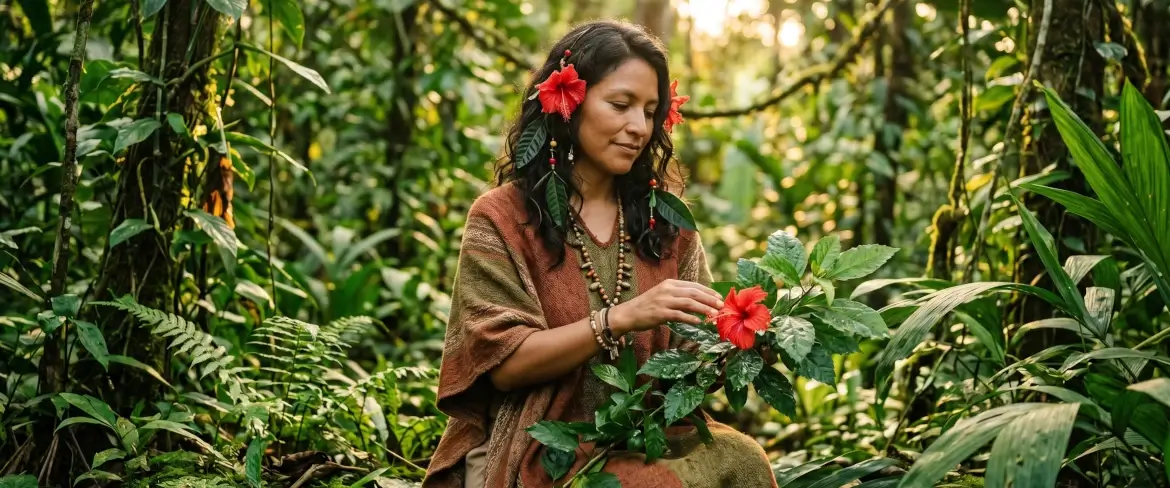 Eine Frau, die eine Andengöttin verkörpert, umgeben von der Natur des Amazonasgebiets und Hibiskusblüten – ein Symbol für die nachhaltige Philosophie von Pachamama Guayusa.