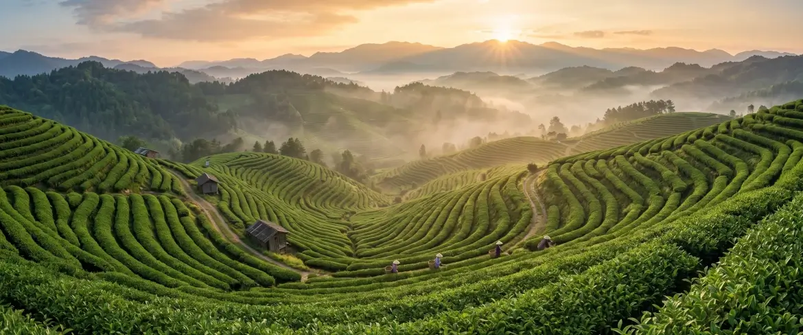 Malerische Teeplantage bei Sonnenaufgang.