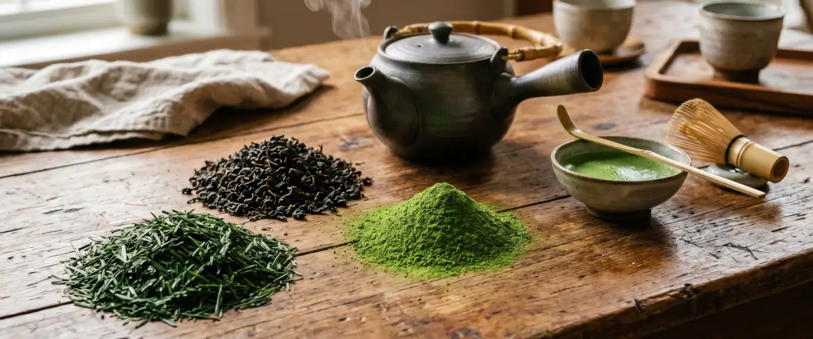 Lose Teeblätter auf einem Holztisch: chinesischer Grüntee, pulverisierter japanischer Matcha und gerollter indischer Schwarztee.