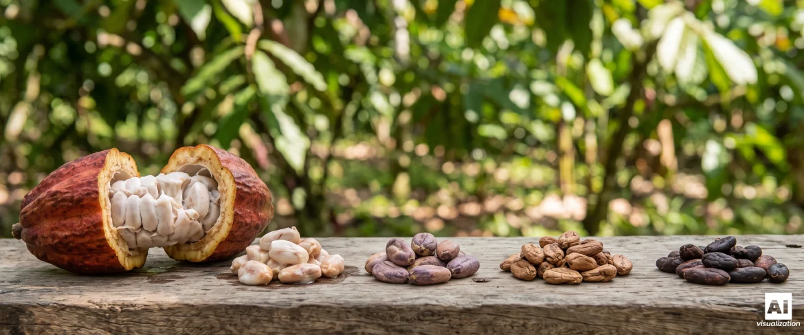 Kakaofrüchte und Kakaobohnen vor dem Hintergrund einer tropischen Plantage.