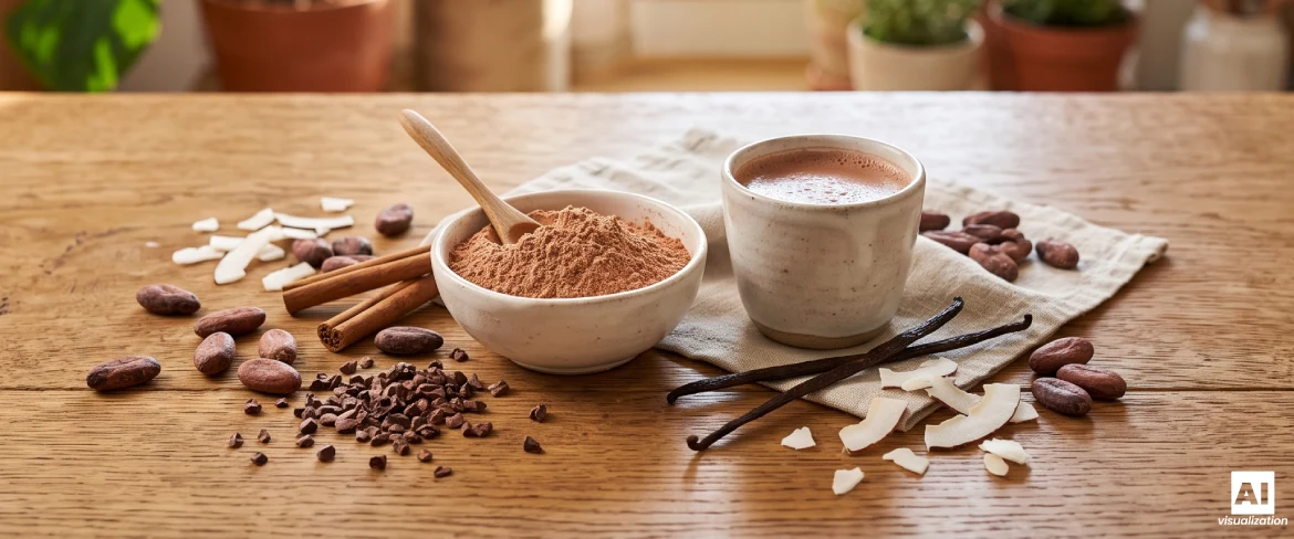 Naturbelassenes Kakaopulver mit Kakaobohnen und einer Tasse Getränk.