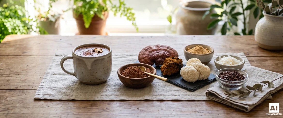 Eine Tasse Kakao, Kakaopulver, Reishi-, Chaga- und Löwenmähnenpilze sowie Kakaobohnen auf einem Holztisch.