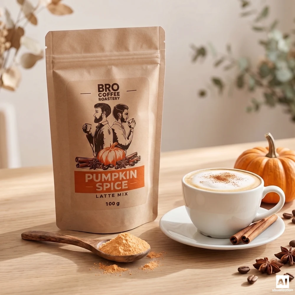 „Bro Coffee Roastery“ Pumpkin Spice Latte-Mischung, ein Holzlöffel mit Kürbispulver und eine Tasse Latte, bestreut mit Zimt.