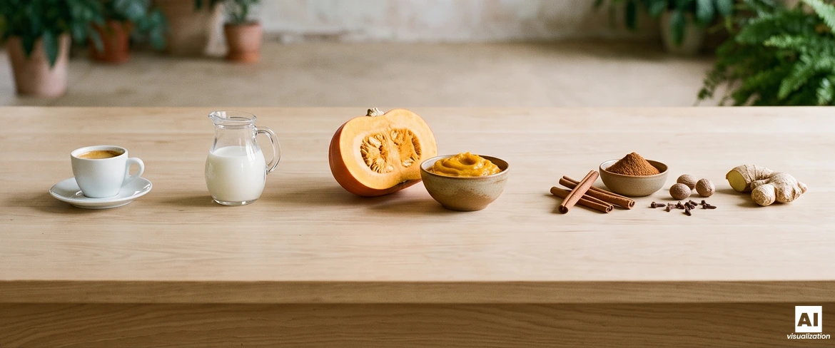 Zutaten für Kürbis-Kaffee auf einem Holztisch: Espresso, Milch, Kürbis, Kürbispüree, Zimt, Muskatnuss, Nelken und Ingwer.