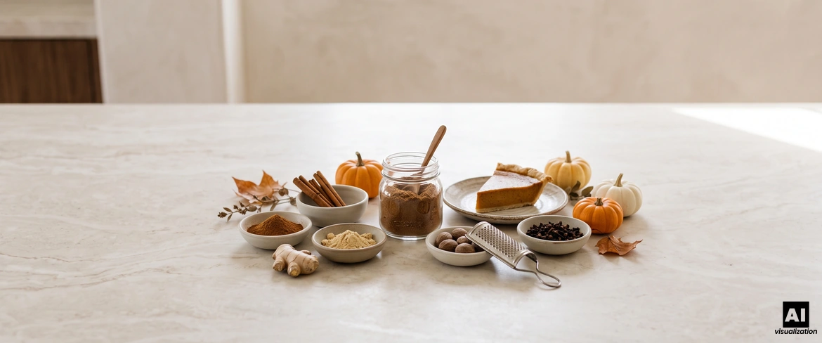 Selbstgemachtes Kürbisgewürz im Glas, mit Zimt, Ingwer, Muskatnuss und Nelken, daneben ein Stück Kürbiskuchen.