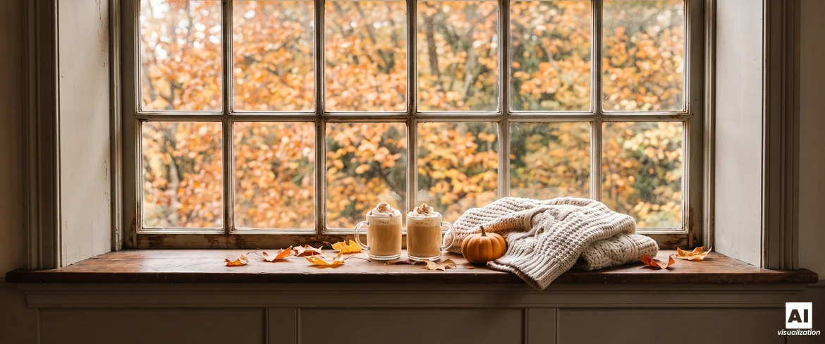Zwei Tassen Kürbis-Kaffee mit Schlagsahne auf der Fensterbank, neben einem kleinen Kürbis und einem Wollpullover, draußen sind herbstliche Bäume zu sehen.