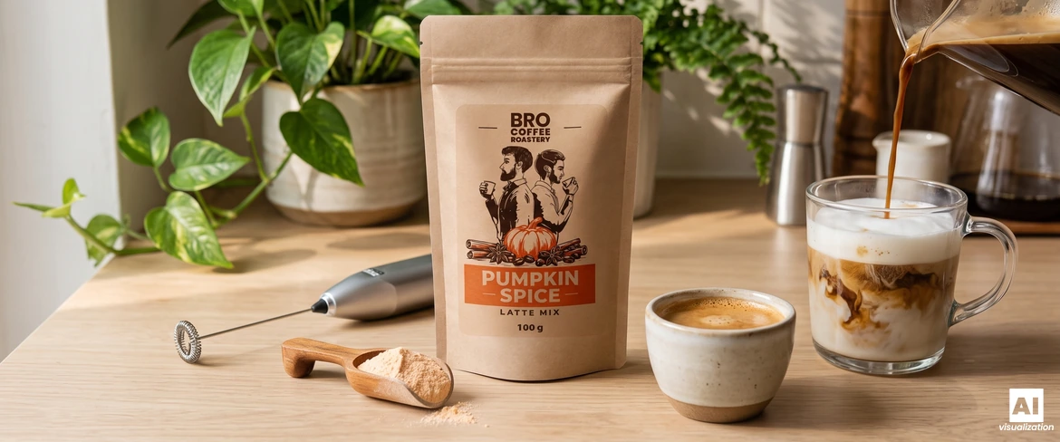 Bro Coffee Roastery Pumpkin Spice Latte-Mischung, ein Milchaufschäumer und Espresso, der in ein Glas mit Milchschaum gegossen wird.
