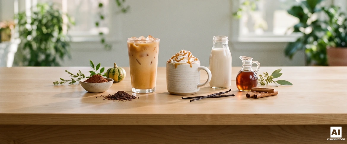 Eiskaffee mit Kürbis und Eis sowie ein heißer Kürbis-Latte mit Karamell, daneben ein pflanzliches Getränk, Ahornsirup, Kakao und Vanille.