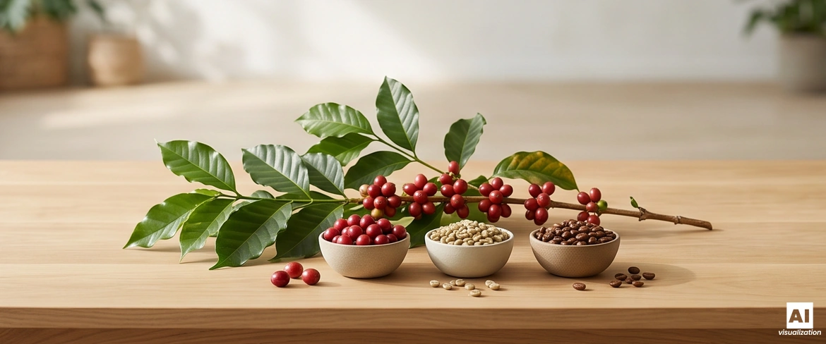 Ein Kaffeezweig und kleine Schälchen mit Kaffeekirschen, Rohkaffee und gerösteten Bohnen auf einem Holztisch.