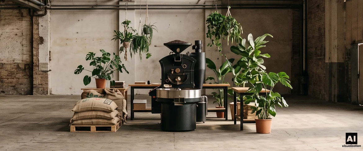 Eine Kaffeeröstmaschine mit einer Kühlschale, Säcken mit Rohkaffee und Pflanzen in einer handwerklichen Kaffeerösterei.