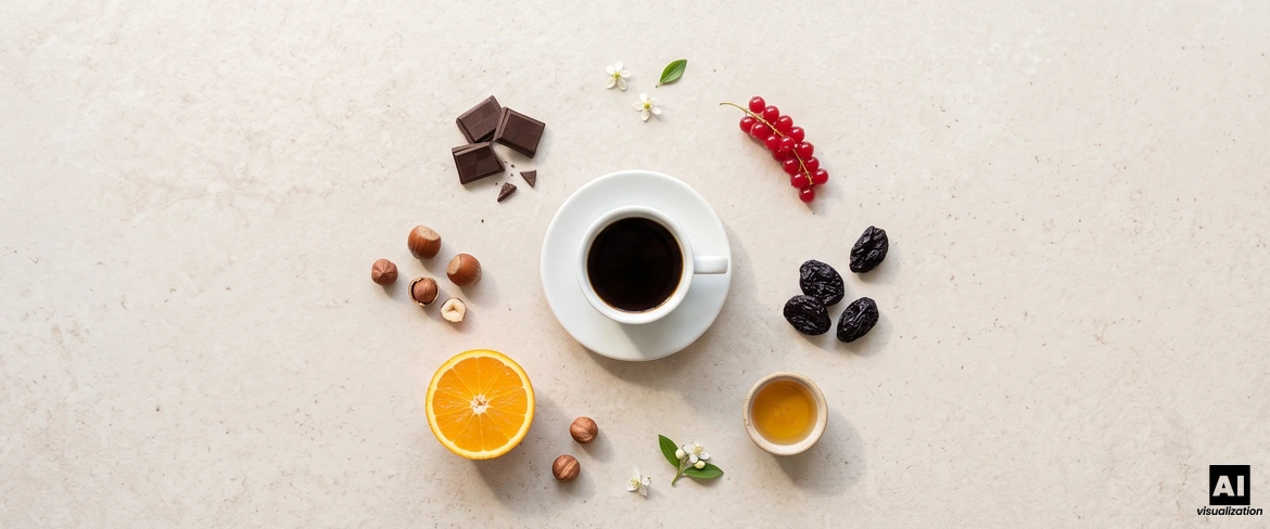 Eine Tasse schwarzer Kaffee, umgeben von Schokolade, Nüssen, Orangen, Johannisbeeren und Honig, die die Geschmacksnoten verdeutlichen.