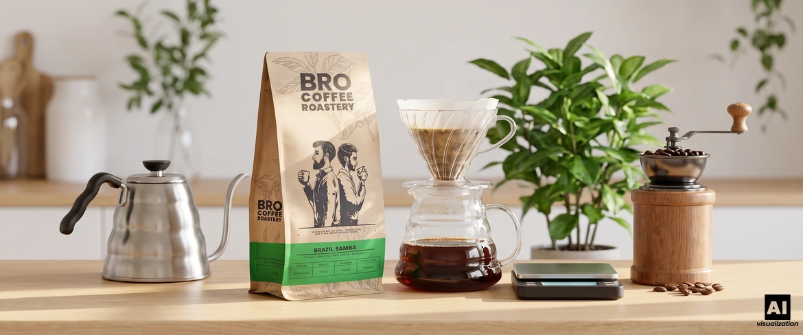 Bro Coffee Roastery: „Brazil Samba“-Kaffee neben einem Filter, einem Wasserkocher, einer Waage und einer manuellen Kaffeemühle.