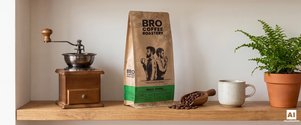 Eine versiegelte Tüte „Bro Coffee Roastery Brazil Samba“-Kaffee auf einem Regal neben einer manuellen Kaffeemühle und einer Tasse.