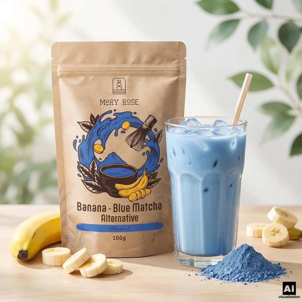 Mary Rose Blue Matcha Alternative – blauer Matcha mit Banane und Spirulina, daneben ein blauer Eiskaffee und eine Banane.