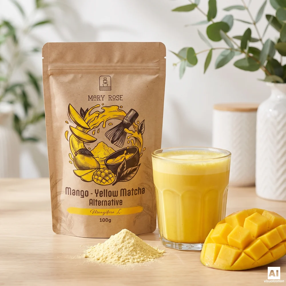 Mary Rose Yellow Matcha Alternative (Mango-Matcha): eine Packung, ein gelbes Getränk, Pulver und Mangowürfel.