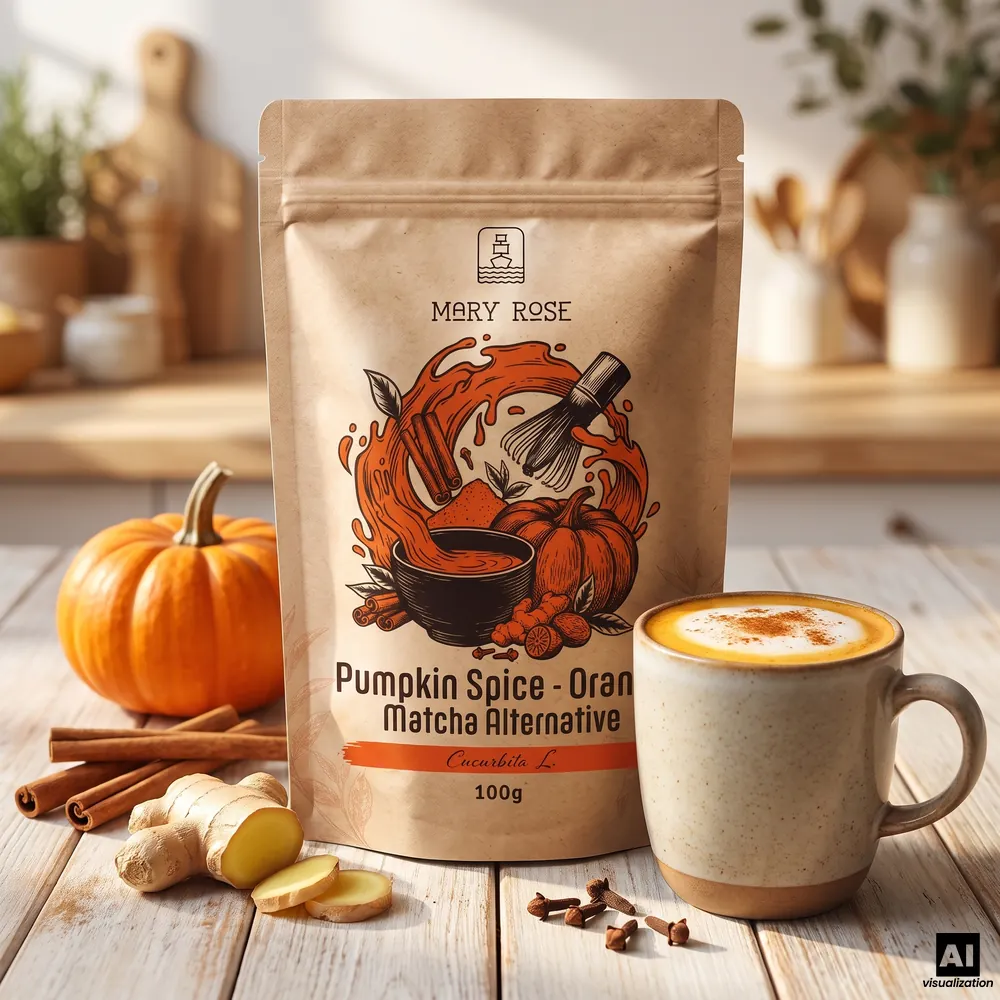 Mary Rose Orange Matcha Pumpkin Spice, daneben ein Latte mit Zimt, einem Kürbis, Zimtstangen, Ingwer und Nelken.